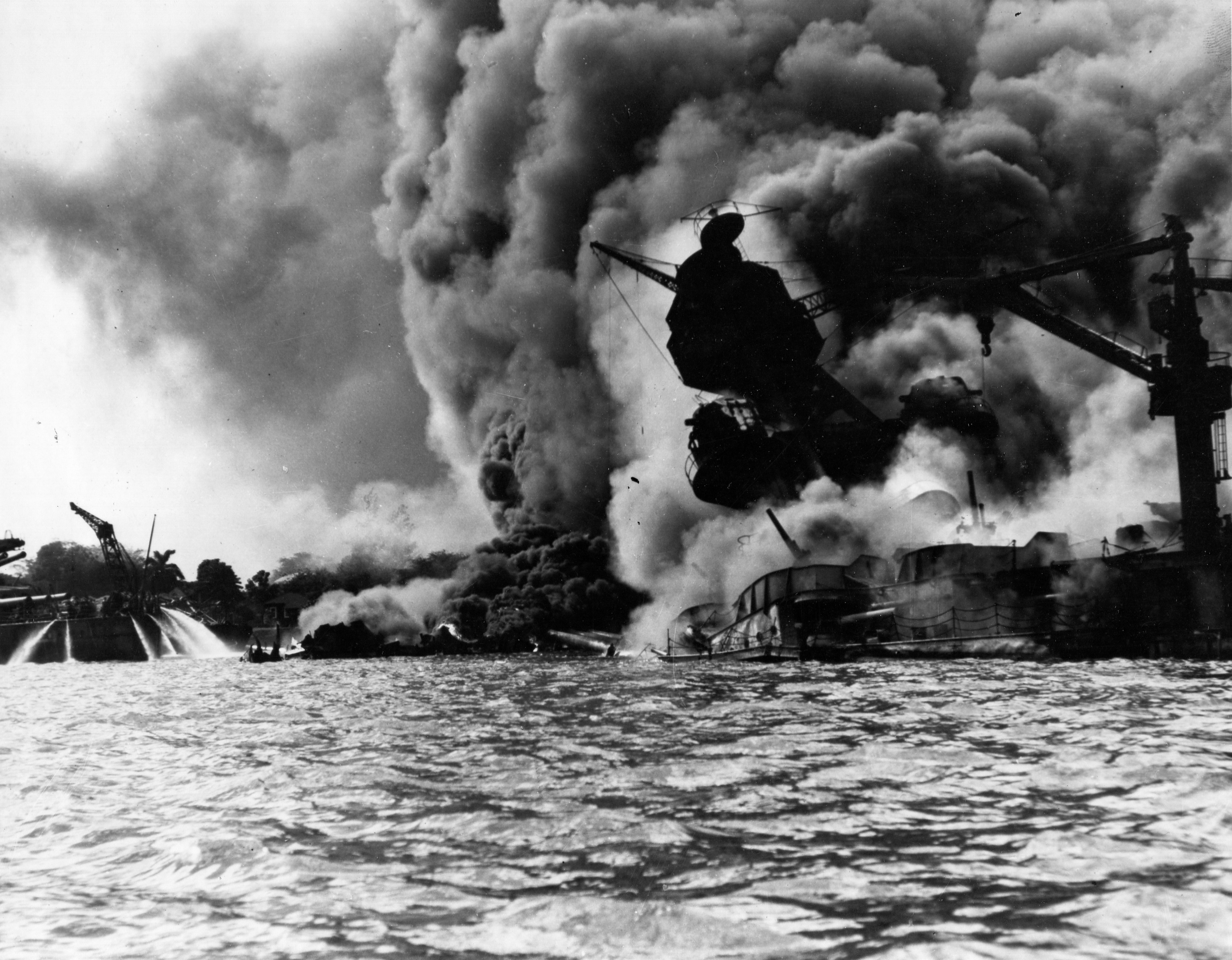 Photo of USS Arizona burning furiously