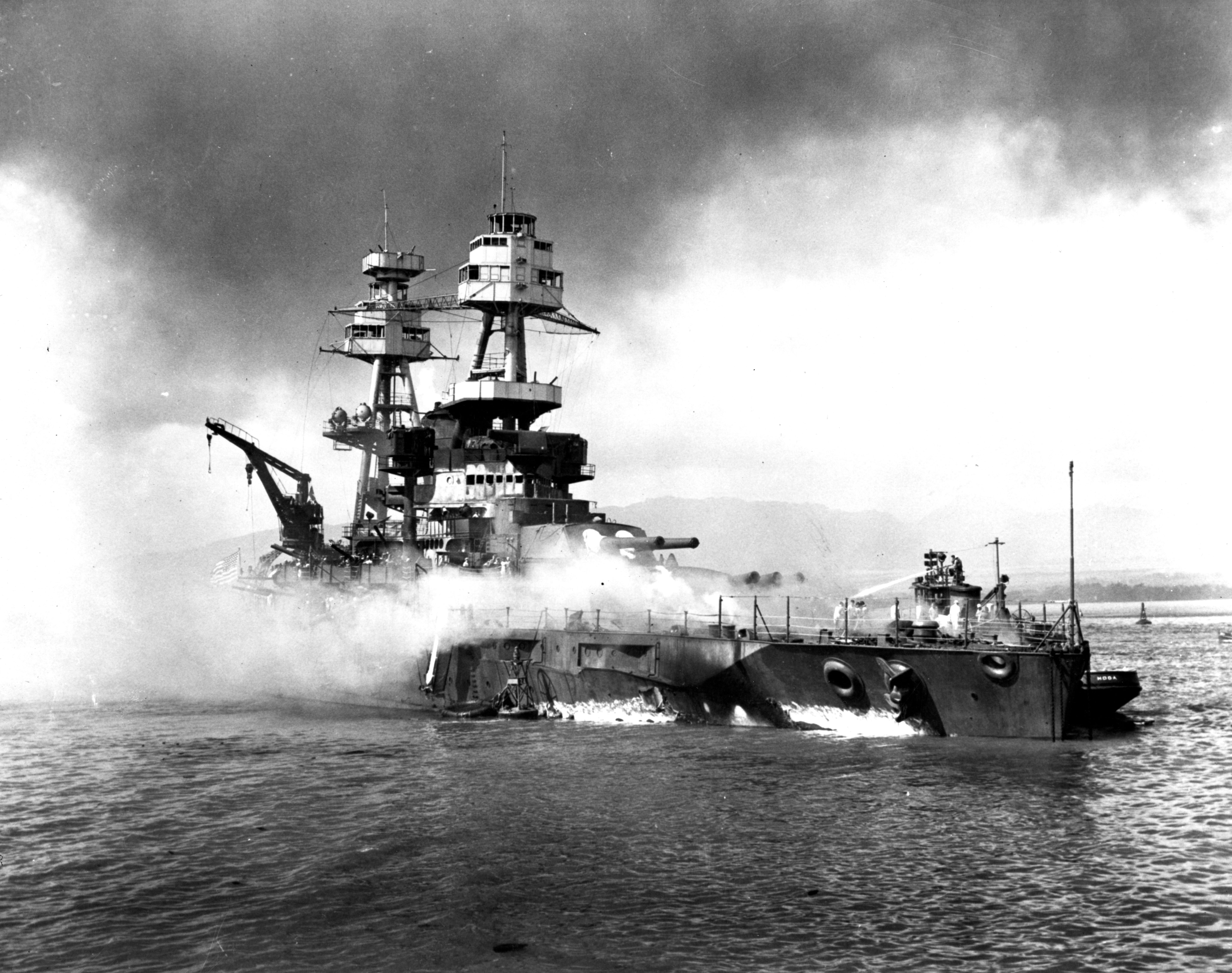 Photo of USS Nevada beached in the sand