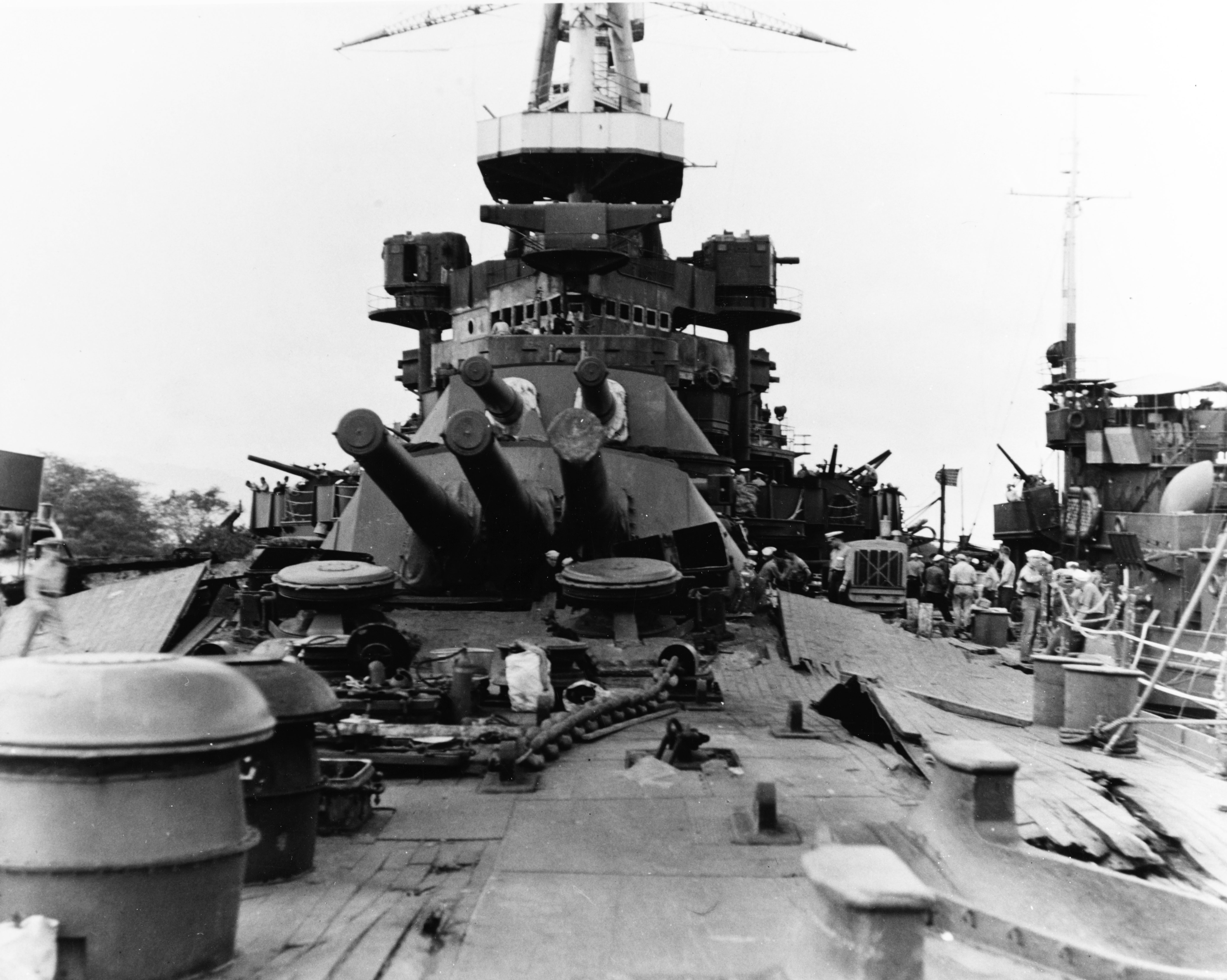 Photo of USS Nevada's deck in ruins