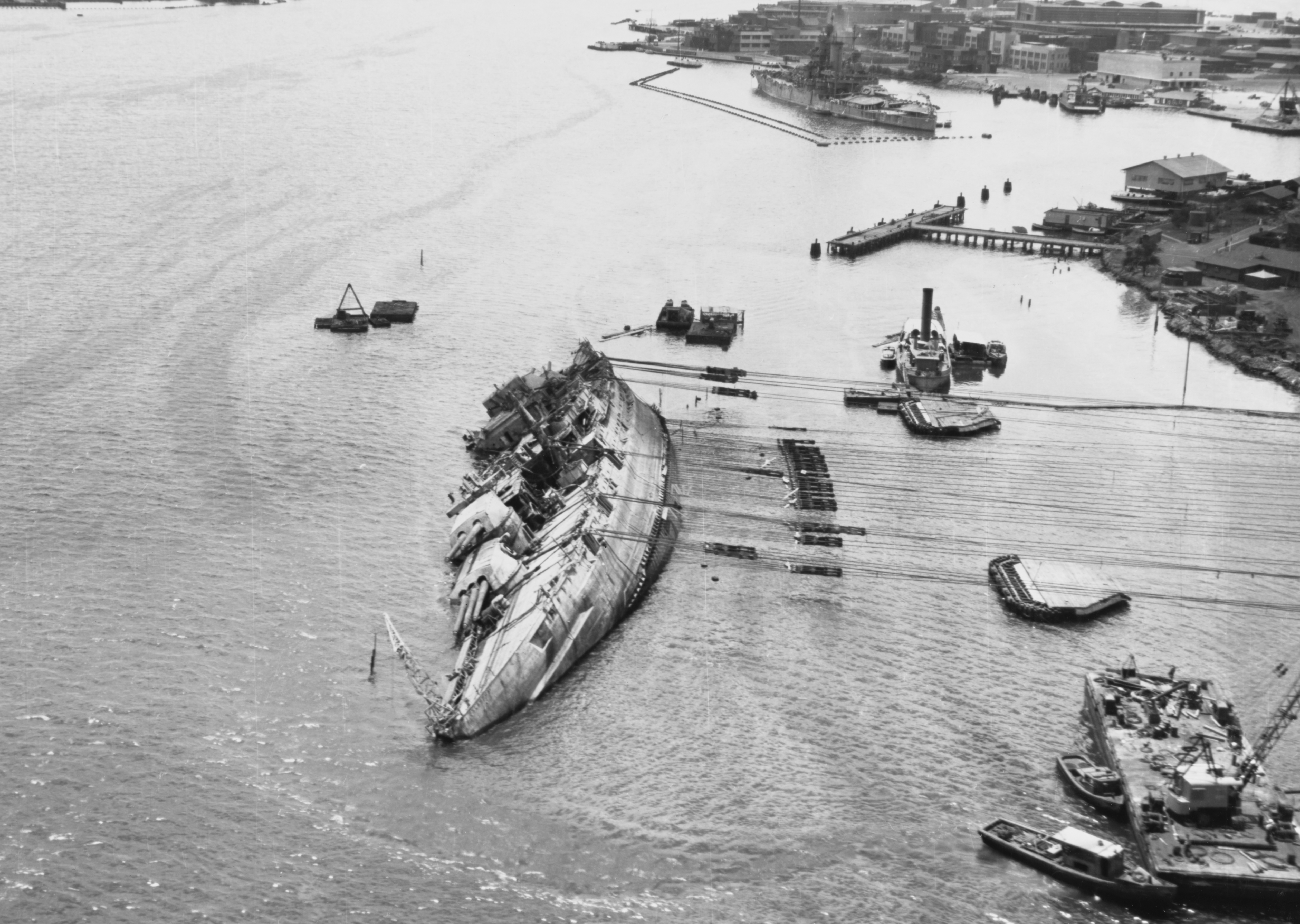 Photo of USS Oklahoma being righted