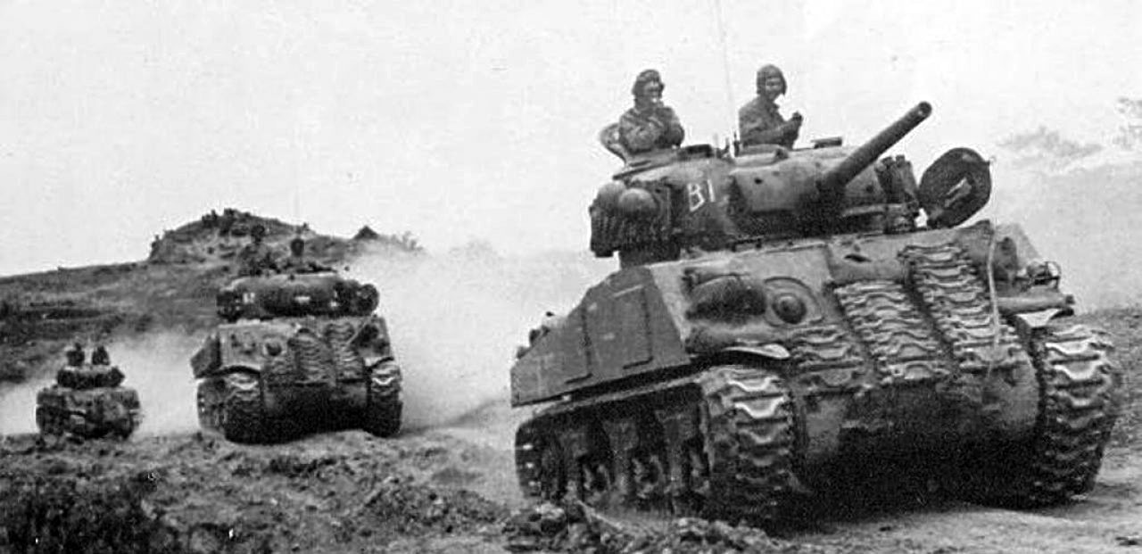 Photo of Advancing Column of M4 Shermans